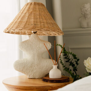 KEYA, natural stone table lamp with rattan shade, Haas Design
