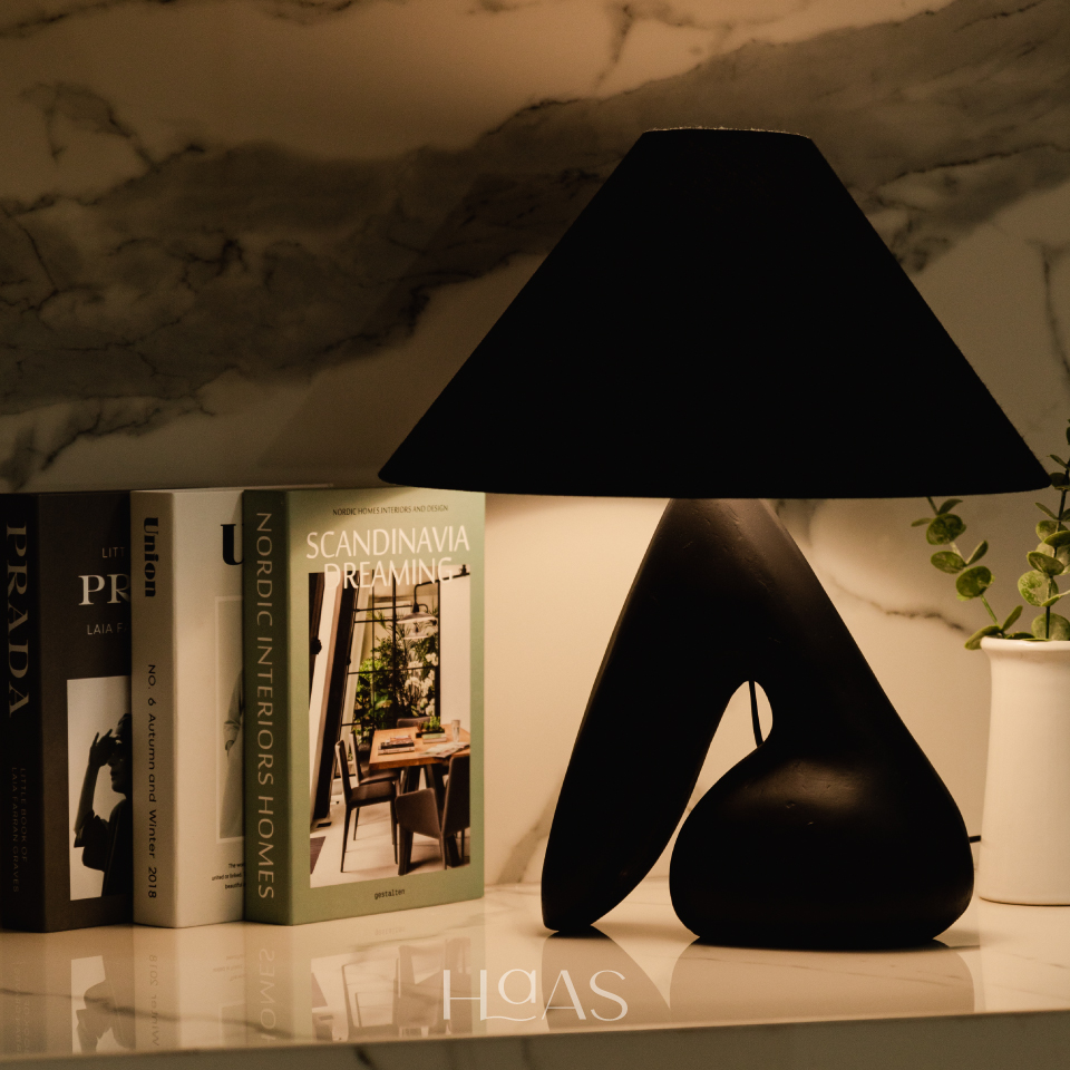 ARUN, natural stone table lamp with black shade, Haas Design