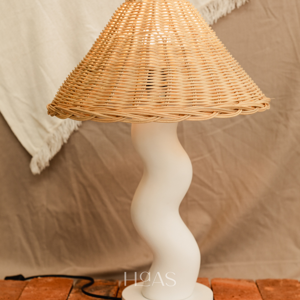 URMI, terracotta table lamp with natural rattan shade, Haas Design