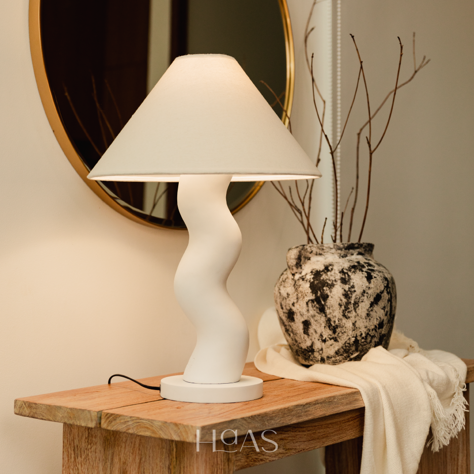 URMI, terracotta table lamp with white fabric shade, Haas Design