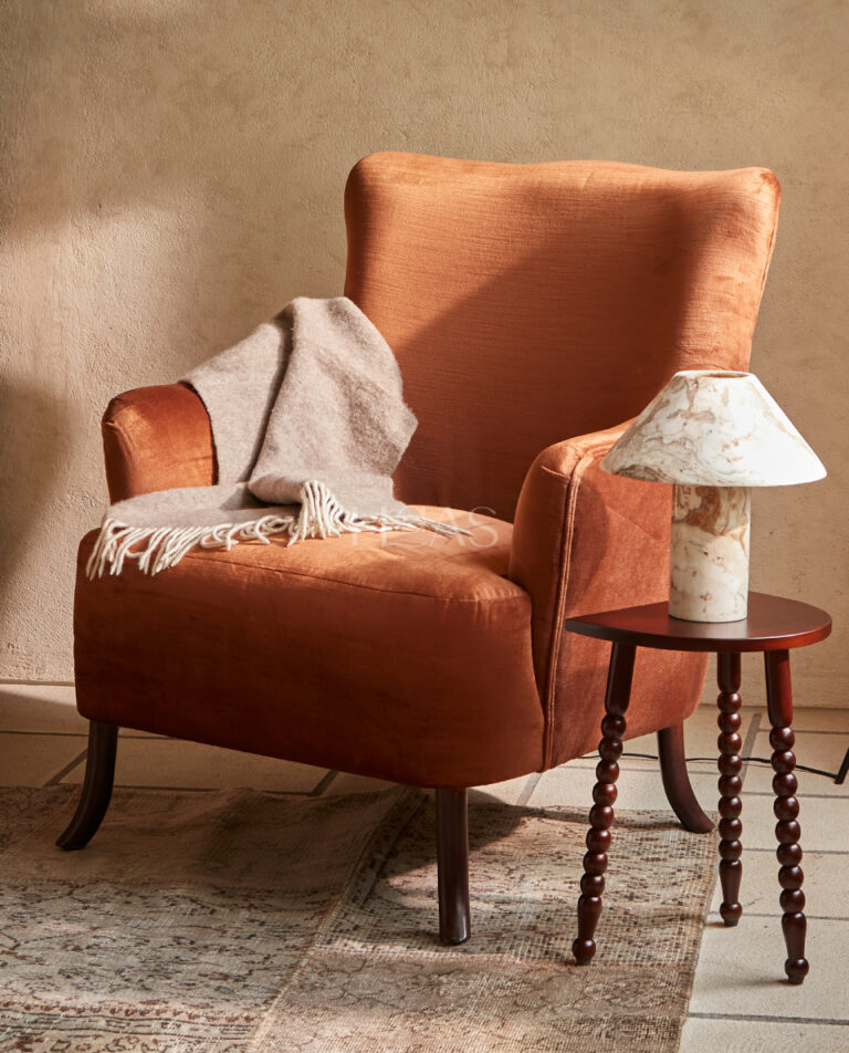 PELUK, teak accent chair with burnt sienna velvet upholstery, Haas Design
