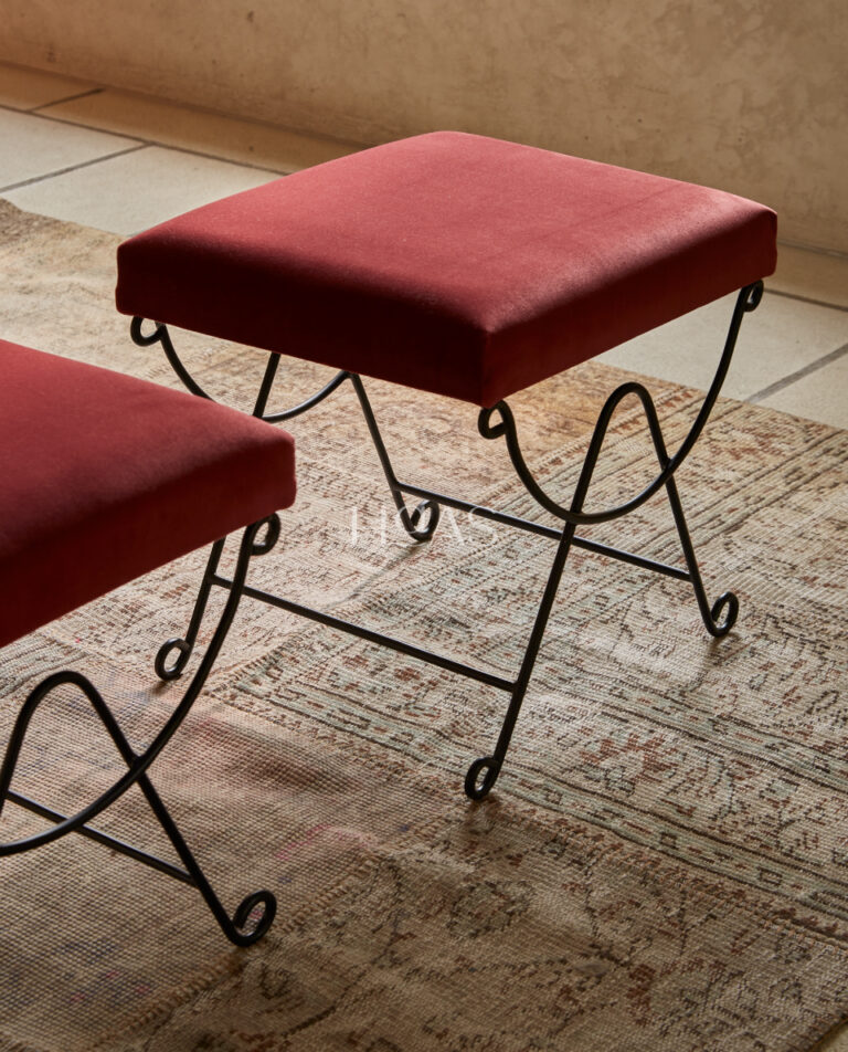 TULA, metal stool with wine maroon velvet seat, Haas Design