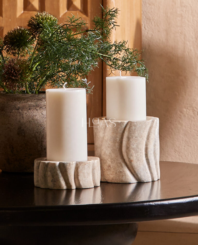 OSA, carved marble candle holder with soft wave pattern, Haas Design