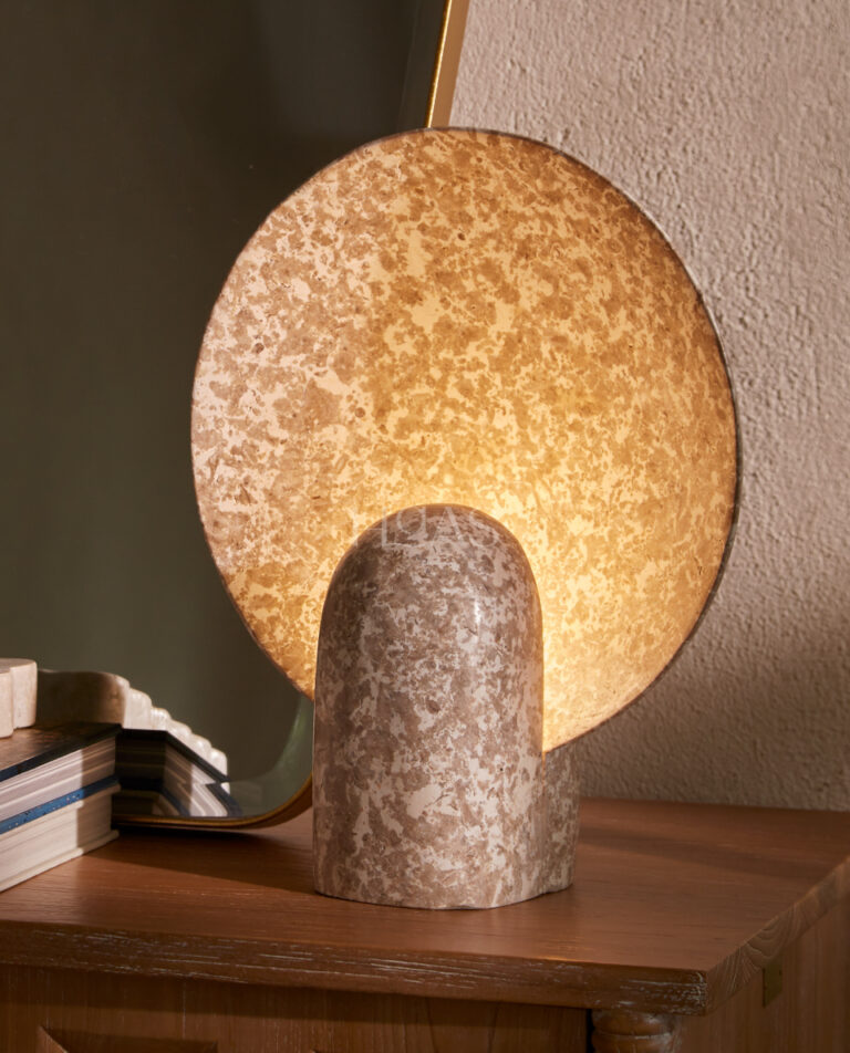 PARBU, natural marble table lamp with glowing circular top, Haas Design