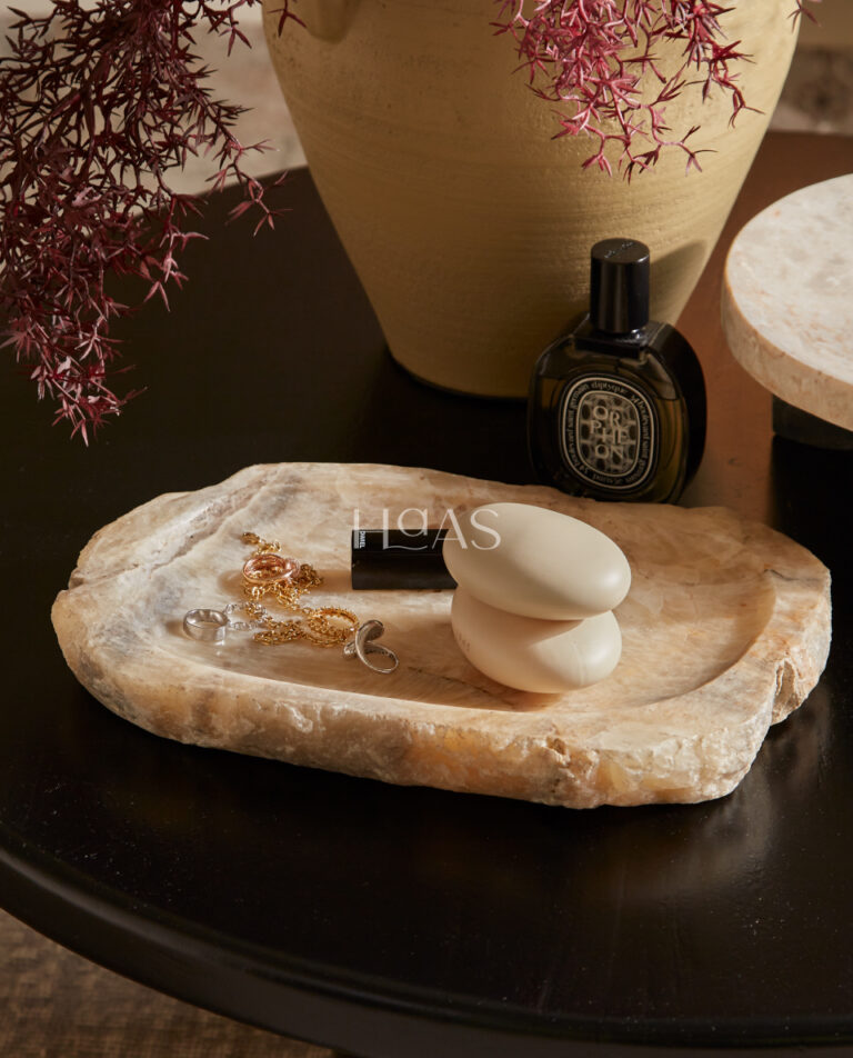 ONIRA, rectangular onyx stone tray with organic edges, Haas Design