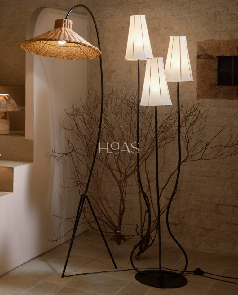 JINARA, matte black brass floor lamp with curved beaded stems, Haas Design