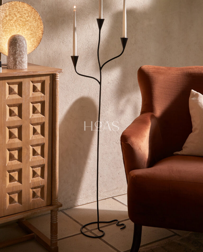 YATRA, tall metal floor candle holder with branching arms, Haas Design