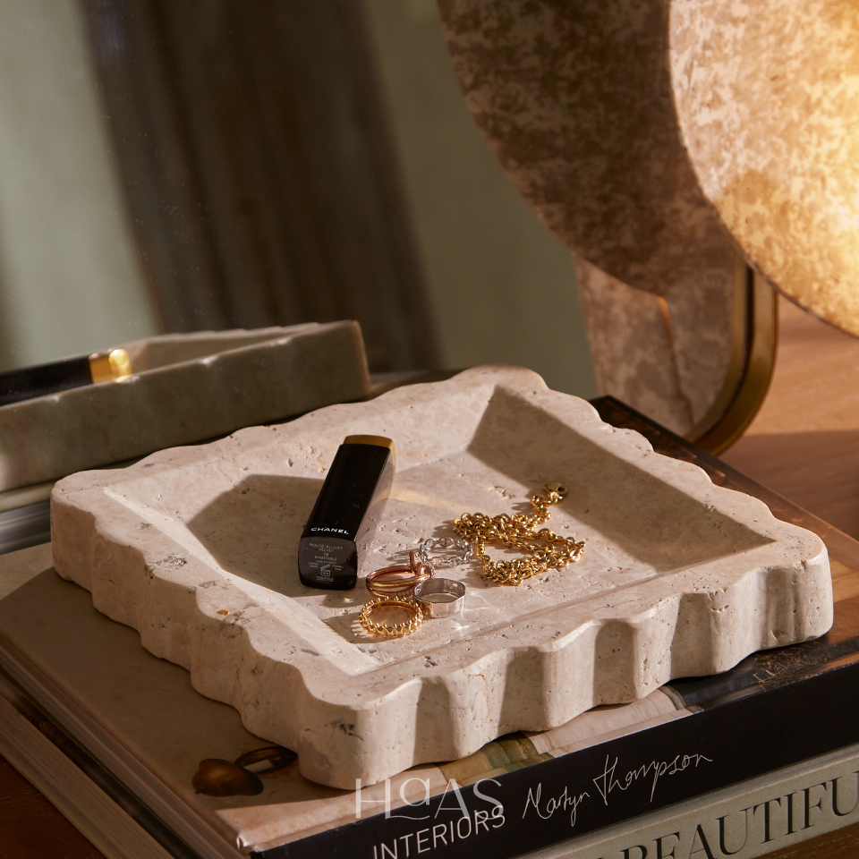 OMBAK marble tray with fluted front edge, styled with a lipstick and chains