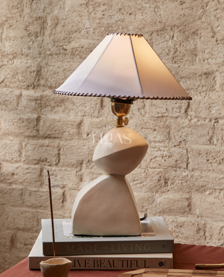 NUSA, handmade matte white clay table lamp with geometric base, Haas Design