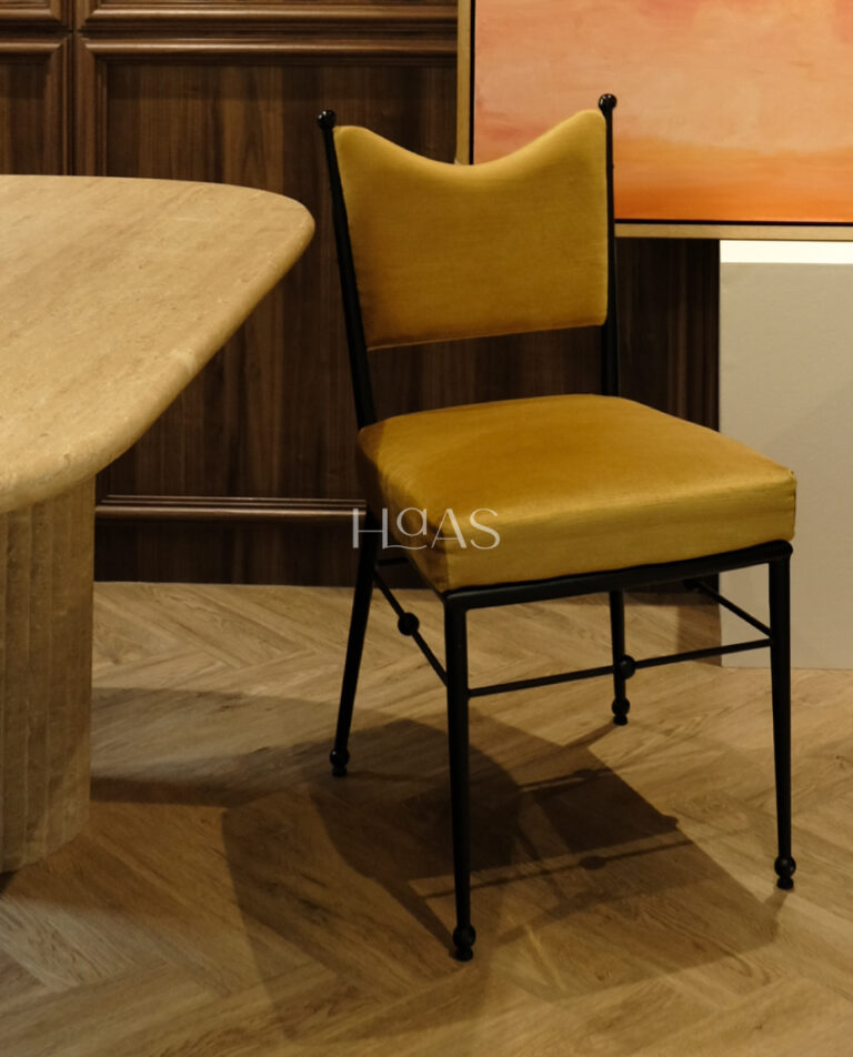 DJANA, iron frame dining chair with mustard gold velvet upholstery, Haas Design