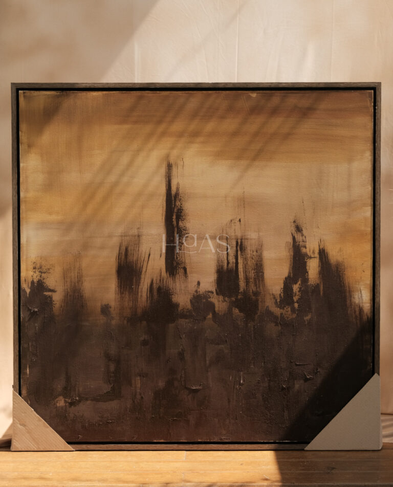 Earth No. 2, hand-painted abstract acrylic on canvas in umber tones, 100 x 100 cm, Haas Design