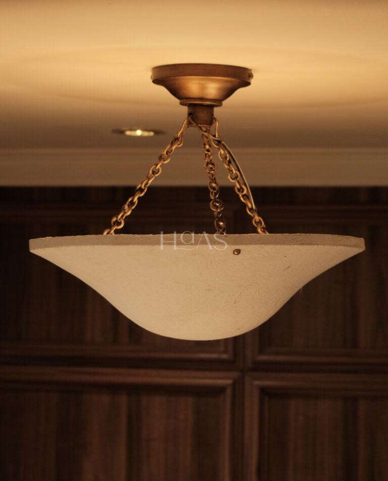 PURNA, handcrafted antique brass pendant lamp with soft ivory shade, Haas Design