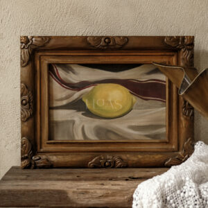 Citron No. 9 hand painted artwork, acrylic on canvas still life, 21x30cm, HAAS