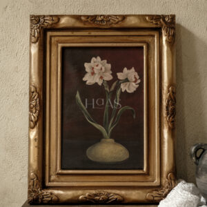 BLOOM No. 10, hand-painted acrylic on canvas of white blooms in a vintage vase, teak wood frame, Haas Design
