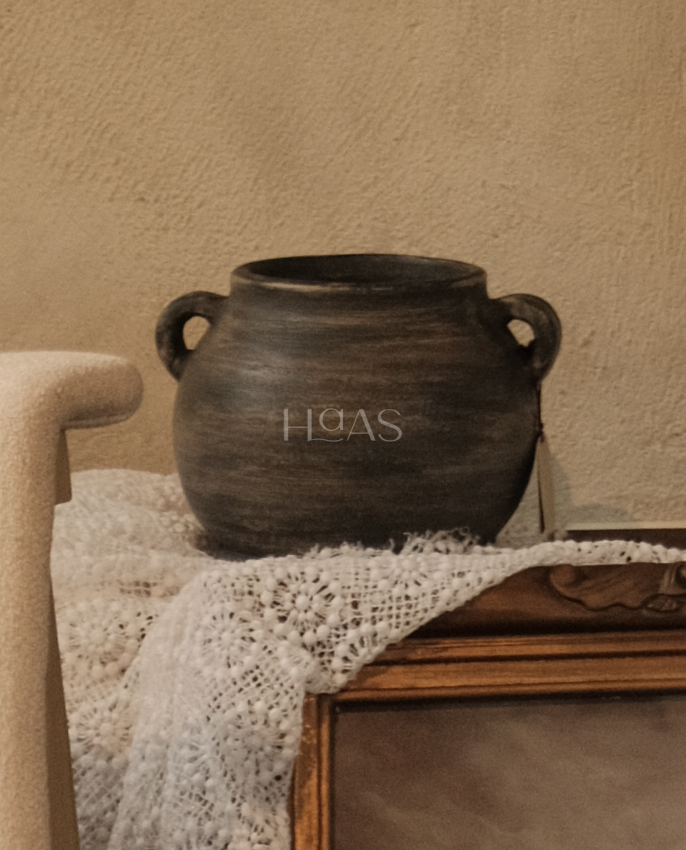 TANO, handcrafted pottery clay vessel with handles, rustic matte black finish, Haas Design