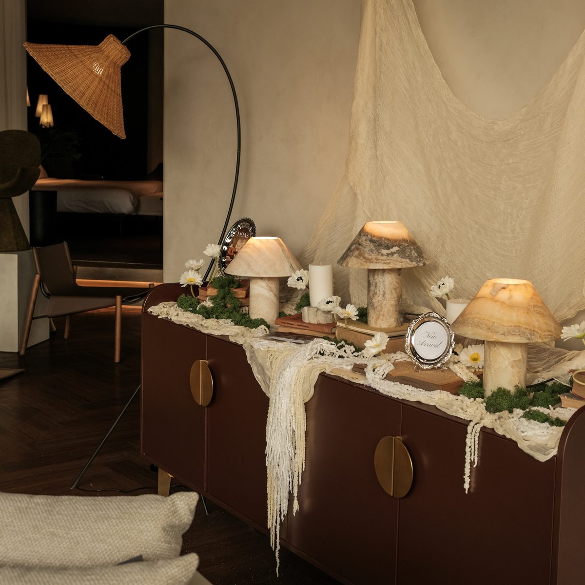 Haas onyx marble lamps styled on a credenza at Theory of Living, Indonesia Design District PIK2